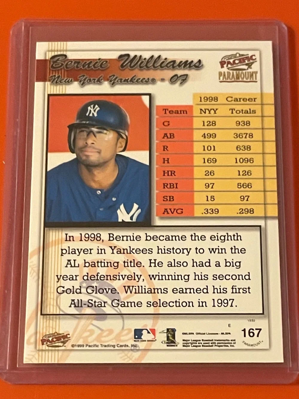Bernie Williams #167 1998 Pacific Paramount Baseball Trading Card